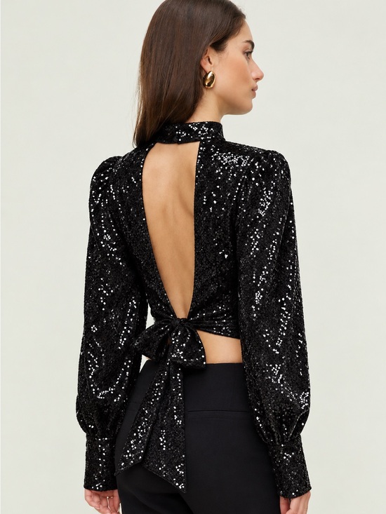 Dynamite Tops - Sequin Tie-Back Long Sleeve Top - Black - m